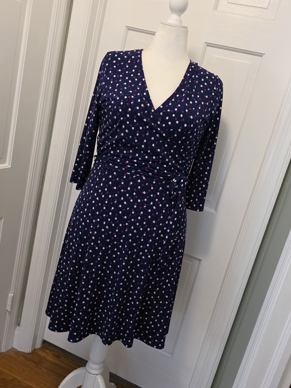 Leota Navy Knit Dress with Pink & White Polka Dots Size XL, Stretch, Colorful